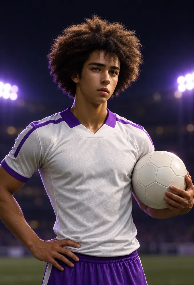 Illustrated fictional playmaker in a white and purple kit with a ball under his arm