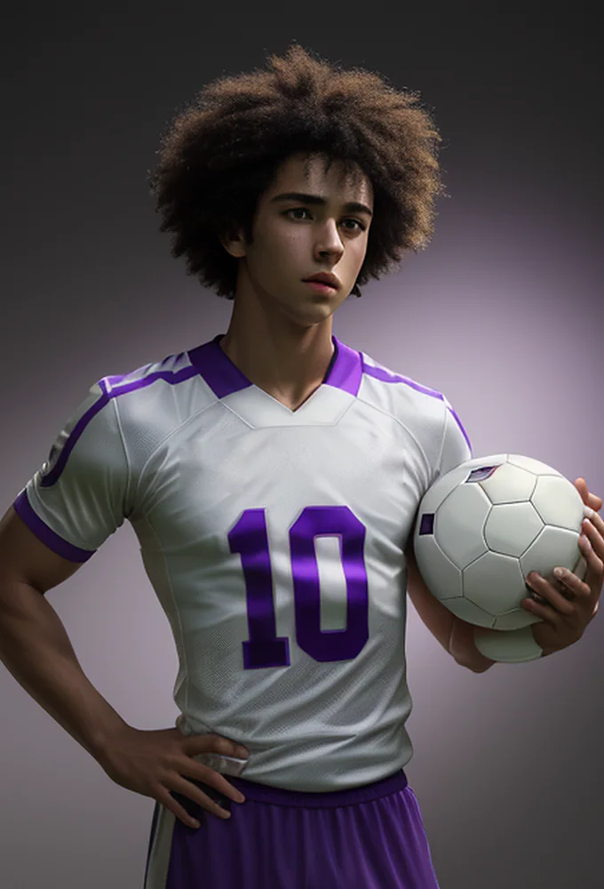 Illustrated fictional playmaker in a white and purple kit with a ball under his arm